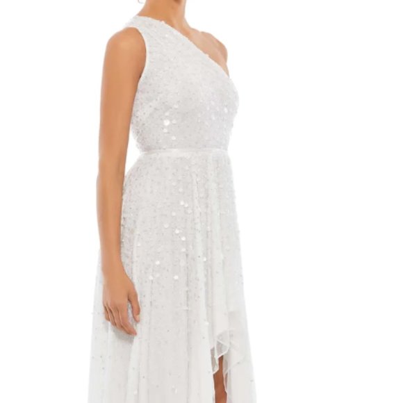 MAC DUGGAL EMBELLISHED ONE SHOULDER SEQUIN HIGH LOW WHITE GOWN SZ 2 - Picture 4 of 8